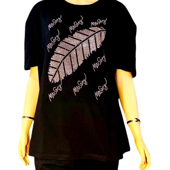 Black Short Sleeve White Diamond Studs Feathers Plus Size Shirt - NEW - Picture 1 of 3